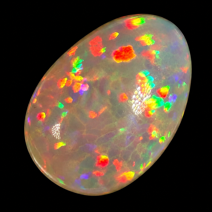 8.5ct AAA quality Natural Ethiopian Welo Opal – Pear Cabochon – Fiery Red, Neon Green & Sunset Orange Fire – Honeycomb Floral Pattern – AAA Collector Grade