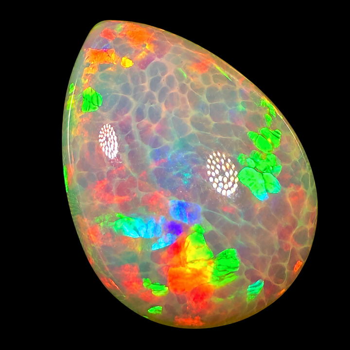14.57ct AAA quality Natural Ethiopian Welo Opal – Pear Cabochon – Neon Green, Fiery Red & Electric Blue Fire – Honeycomb Cell Pattern – AAA Collector Grade