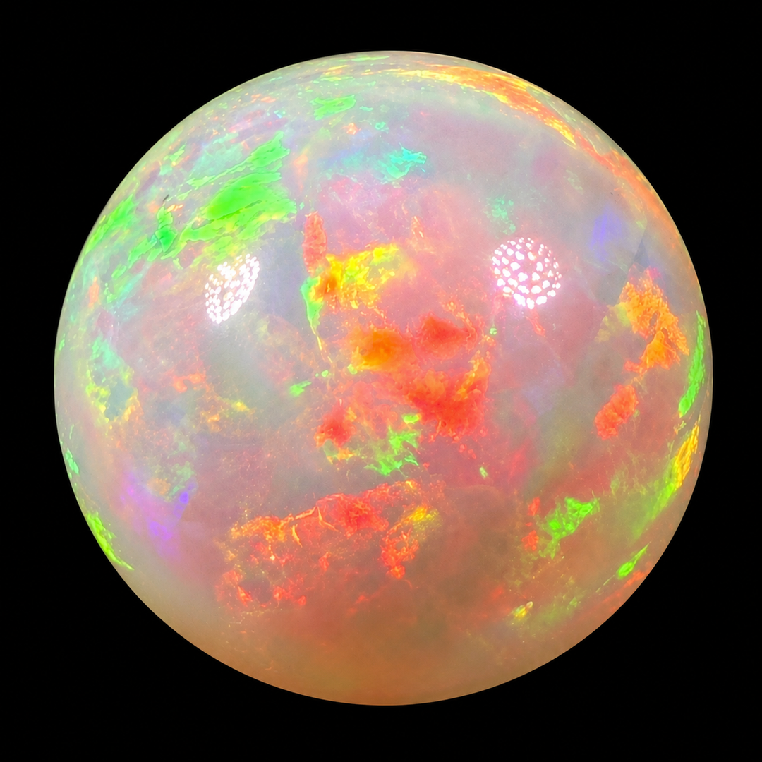 12.19 Ct AAA Quality Natural Ethiopian Welo Opal Sphere / Marble – Dominant Cherry Red, Neon Green & Fiery Orange Fire – Broadflash Floral Pattern – AAA Collector Grade