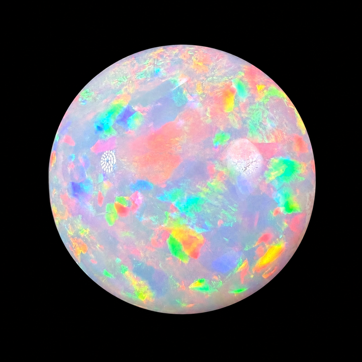 14.13ct AAA Quality Natural Ethiopian Welo Opal – Round Cabochon – Intense Fiery Red, Neon Green & Electric Blue Fire – Floral Mosaic Pattern – AAA Collector Grade