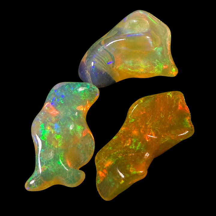 20.31 Ct AAA Quality Natural Ethiopian Welo Opal Nuggets – Neon Green, Golden Orange & Electric Blue Fire – Rolling Flash Moss Pattern – AAA Collector Grade