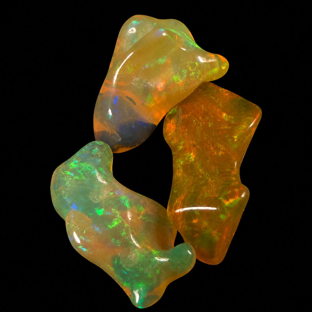 20.31 Ct AAA Quality Natural Ethiopian Welo Opal Nuggets – Neon Green, Golden Orange & Electric Blue Fire – Rolling Flash Moss Pattern – AAA Collector Grade
