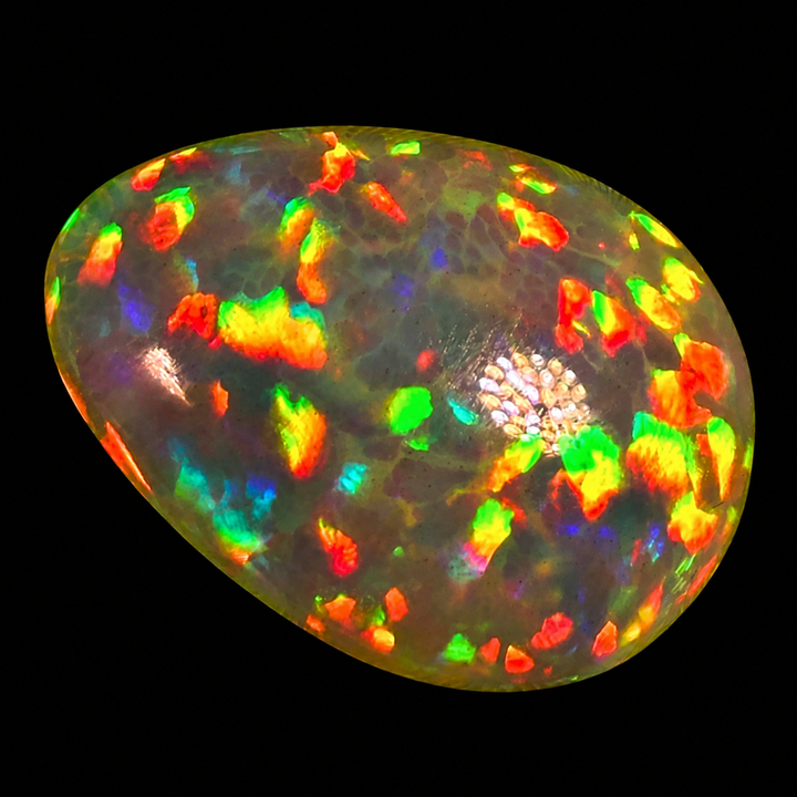 8.5ct AAA quality Natural Ethiopian Welo Opal – Pear Cabochon – Fiery Red, Neon Green & Sunset Orange Fire – Honeycomb Floral Pattern – AAA Collector Grade
