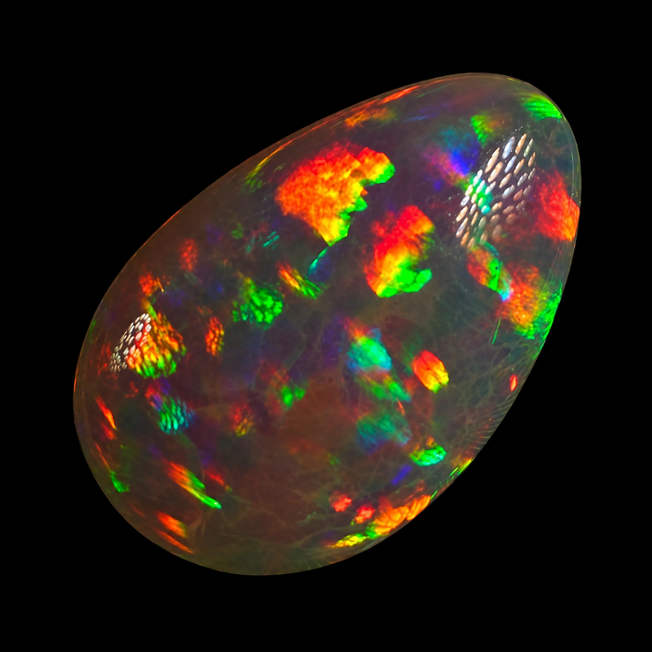 11.95ct AAA quality Natural Ethiopian Welo Opal – Pear Cabochon – Deep Fiery Red, Neon Green & Electric Orange Fire – Honeycomb Confetti Pattern – AAA Collector Grade