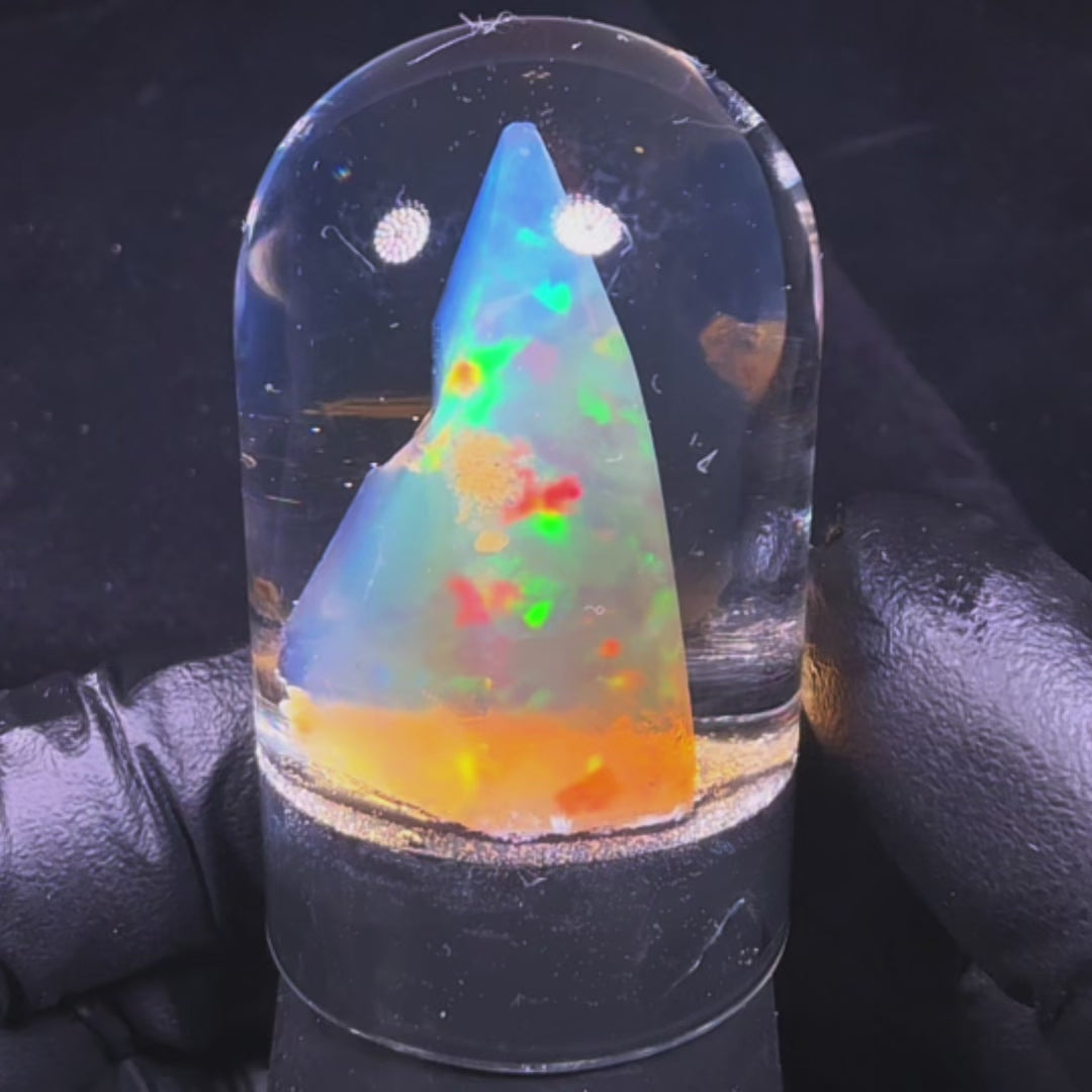 9.73 Gram Natural Ethiopian Welo Crystal Water Opal Specimen – Vivid Electric Blue, Neon Green & Golden Rainbow Fire – Freeform Floating Crystal Opal – Collector Display Grade