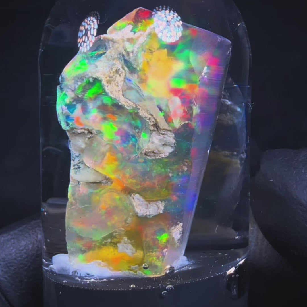 13.21 Gram Natural Ethiopian Welo Crystal Water Opal Specimen – Dominant Neon Green, Fiery Orange & Golden Broadflash Fire – Freeform Floating Crystal Opal – Collector Display Grade
