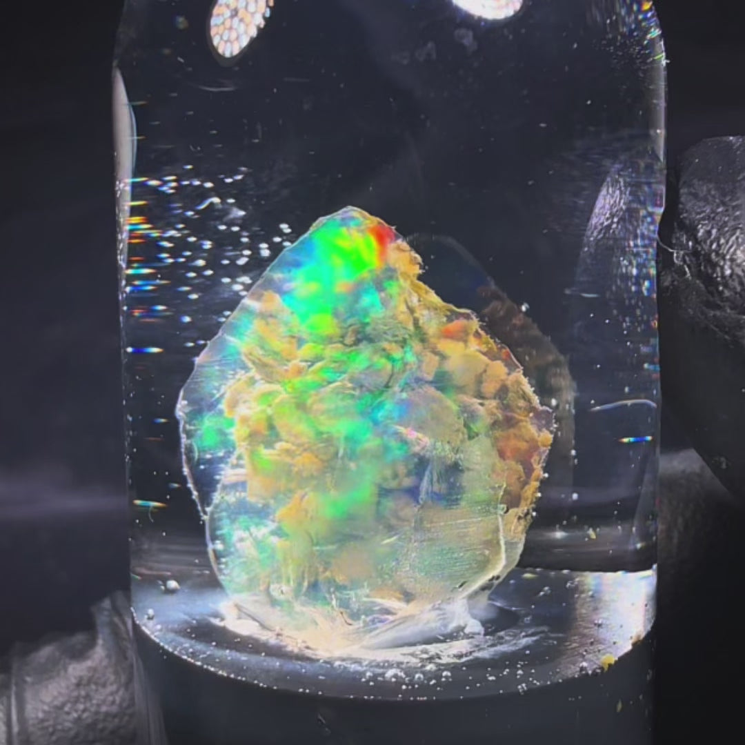 3.57 Gram Natural Ethiopian Welo Crystal Water Opal Specimen – Dominant Neon Green, Electric Blue & Fiery Orange Fire – Freeform Rainbow Crystal Opal – Collector Display Grade