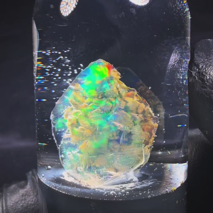 3.57 Gram Natural Ethiopian Welo Crystal Water Opal Specimen – Dominant Neon Green, Electric Blue & Fiery Orange Fire – Freeform Rainbow Crystal Opal – Collector Display Grade